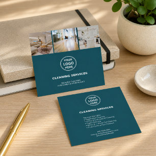 Carte De Visite Carré Logo Photo Services de Nettoyage Moderne Teal