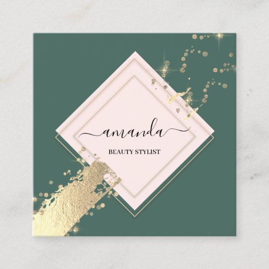 Carte De Visite Carré Logo Rose professionnel Frame Gold Green Stroke (Devant)