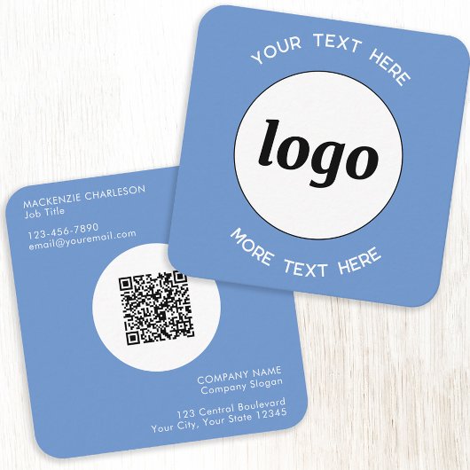 Carte De Visite Carré Logo simple et texte QR Code bleu
