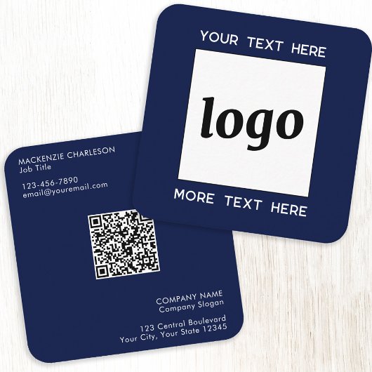 Carte De Visite Carré Logo simple et texte QR Code bleu marine