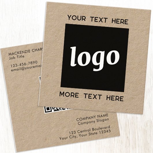 Carte De Visite Carré Logo simple et texte QR Code Kraft