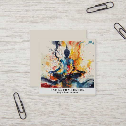 Carte De Visite Carré Lotus Fleur Logo Yoga (Devant/Arrière en situation)