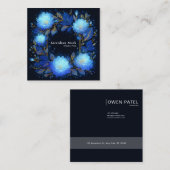 Carte De Visite Carré Luminous Blue Floral Gold Celestial Flower Frame (Devant / Derrière)