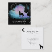Carte De Visite Carré *~* Lune cosmique. Howling Wolf Rainbow Pine Trees (Devant / Derrière)