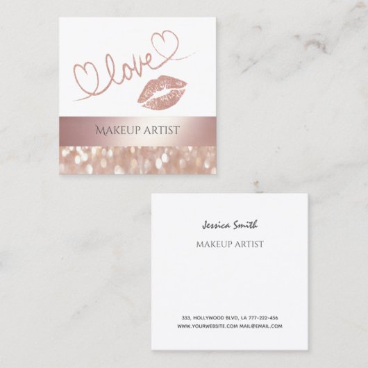 Carte De Visite Carré Lux rose lèvres or glitterie calligraphie amour (Devant / Derrière)