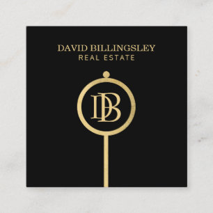 Carte De Visite Carré Luxe Faux Gold Skeleton Key Monogram Realtor