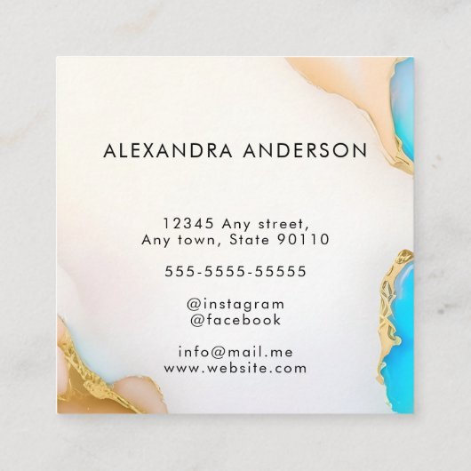 Carte De Visite Carré Luxe Holographique Opal Agate Marbre Or Détails (Dos)