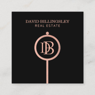 Carte De Visite Carré Luxe Rose Gold Skeleton Key Monogram Realtor