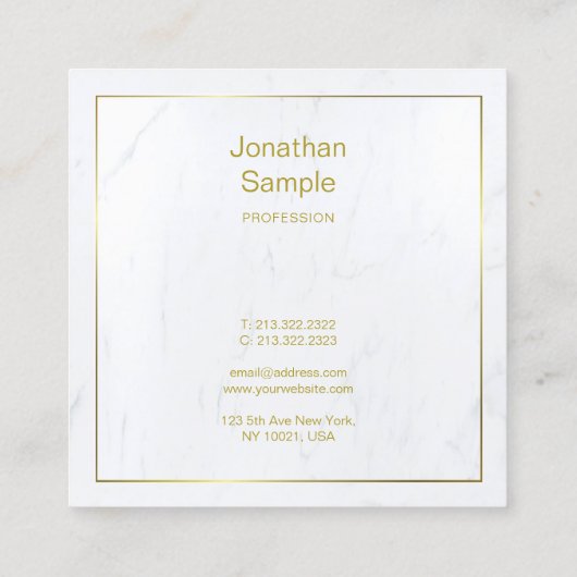 Carte De Visite Carré Luxueux Marbre blanc moderne Gold Script Plain (Dos)