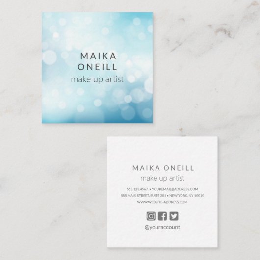 Carte De Visite Carré Luxury Blue Bokeh parties scintillant médias socia (Devant / Derrière)