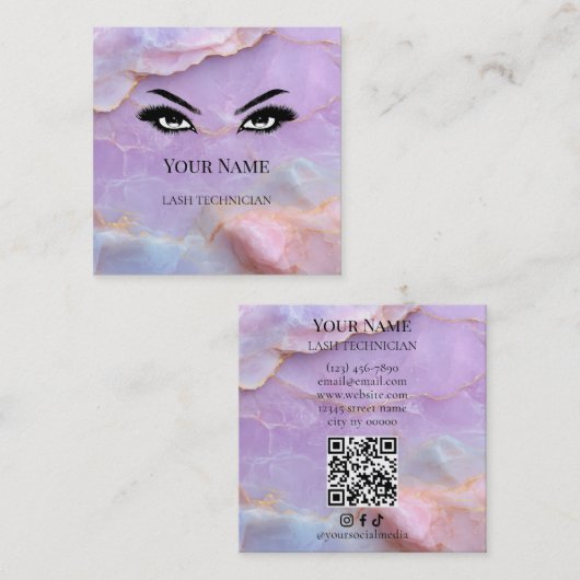 Carte De Visite Carré Luxury Pastel Marble Lash Artist QR code  (Devant / Derrière)