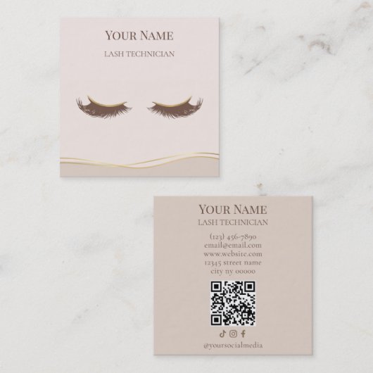 Carte De Visite Carré Luxury QR code Beige and Gold Lash Technician (Devant / Derrière)