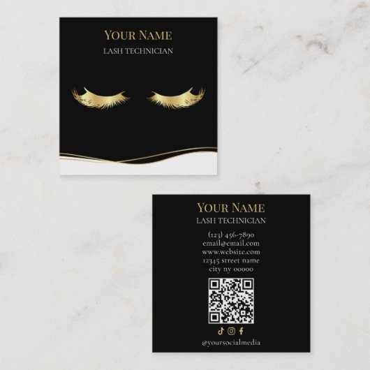 Carte De Visite Carré Luxury QR code Black and Gold Lash Technician (Devant / Derrière)