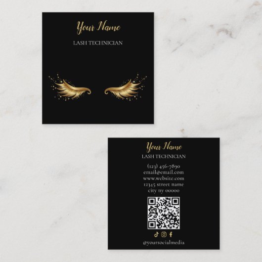 Carte De Visite Carré Luxury QR code Black and Gold Lash Technician Busi (Devant / Derrière)