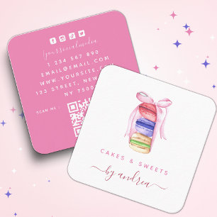 Carte De Visite Carré Macarons couleur d'aquarelle mignonne et ruban ros
