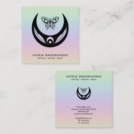 Carte De Visite Carré *~* Magic Moon Feathers Moth Boho Universe Rainbow (Devant / Derrière)