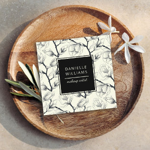 Carte De Visite Carré Magnolia Botanique Élégante Noire et Hors Blanc