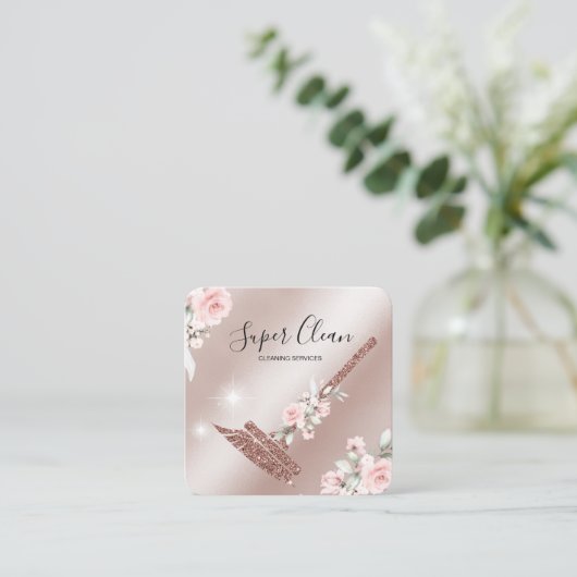 Carte De Visite Carré Maison de ménage rose étincelant or fleuri (Debout devant)