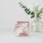 Carte De Visite Carré Maison de ménage rose étincelant or fleuri (Debout devant)