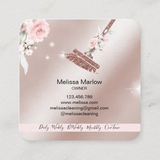 Carte De Visite Carré Maison de ménage rose étincelant or fleuri (Dos)