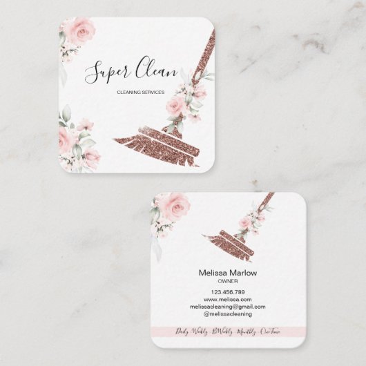 Carte De Visite Carré Maison de ménage rose étincelant or fleuri (Devant / Derrière)