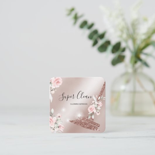 Carte De Visite Carré Maison de ménage rose étincelant or fleuri (Debout devant)