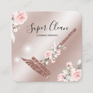 Carte De Visite Carré Maison de nettoyage des domestiques Fleur d'or ros
