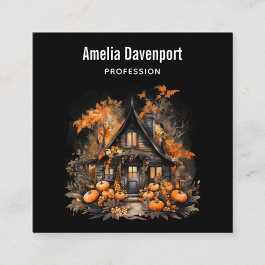 Carte De Visite Carré Maison hantée avec Halloween Citrouille (Devant)