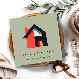 Carte De Visite Carré Maison Moderne Logo Realtor Coloré Vert Gris Rouge