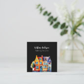 Carte De Visite Carré Maisons de couleur noire code QR (Debout devant)