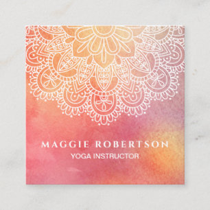 Carte De Visite Carré Mandala d'aquarelle de rose d'instructeur de yoga
