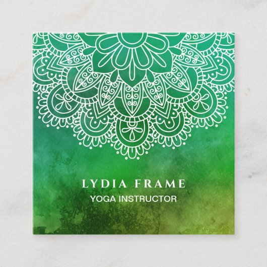 Carte De Visite Carré Mandala d'aquarelle de vert d'instructeur de yoga (Devant)