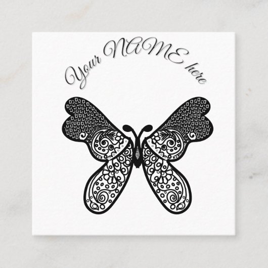 Carte De Visite Carré Mandala papillon boho complexe noir et blanc A (Devant)