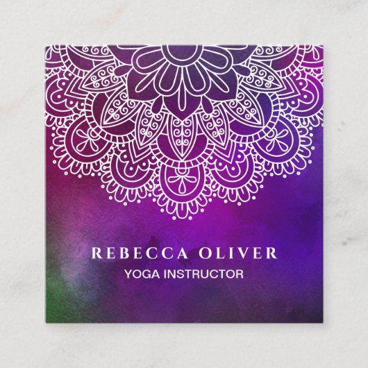 Carte De Visite Carré Mandala pourpre d'aquarelle d'instructeur de yoga (Devant)