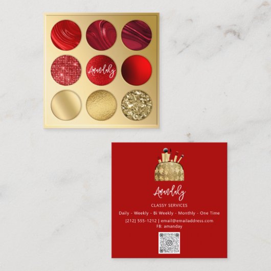 Carte De Visite Carré Maquillage Artiste Gold QRCode Logo Eyeshadow Red (Devant / Derrière)
