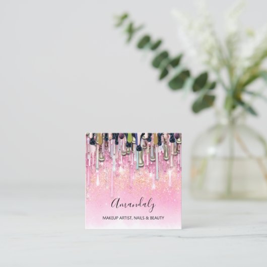 Carte De Visite Carré Maquillage Artiste Nails Logo Rose Parties scintil (Debout devant)