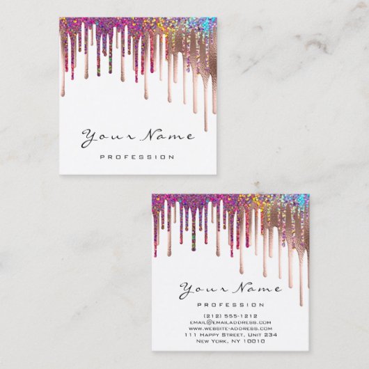 Carte De Visite Carré Maquillage Artiste Nails Rose Rainbow Holograph Dr (Devant / Derrière)
