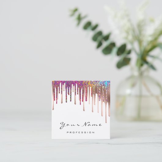 Carte De Visite Carré Maquillage Artiste Nails Rose Rainbow Holograph Dr (Debout devant)