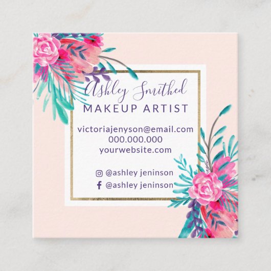 Carte De Visite Carré Maquillage floral d'aquarelle de rose de cadre (Devant)