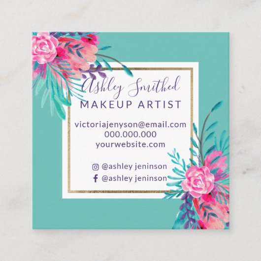 Carte De Visite Carré Maquillage floral de sarcelle d'hiver d'aquarelle (Devant)