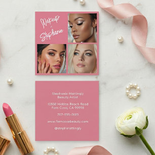 Carte De Visite Carré Maquillage photo élégant rose blush noir script 3