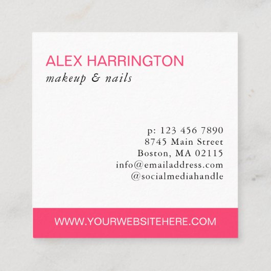 Carte De Visite Carré Maquillage photo en texte rose chaud incurvé par (Dos)