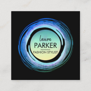 Carte De Visite Carré Maquilleur bleu d'aquarelle de cercle élégant