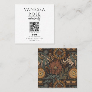 Carte De Visite Carré Maquilleuse Boho Code QR Floral Vert Terracotta