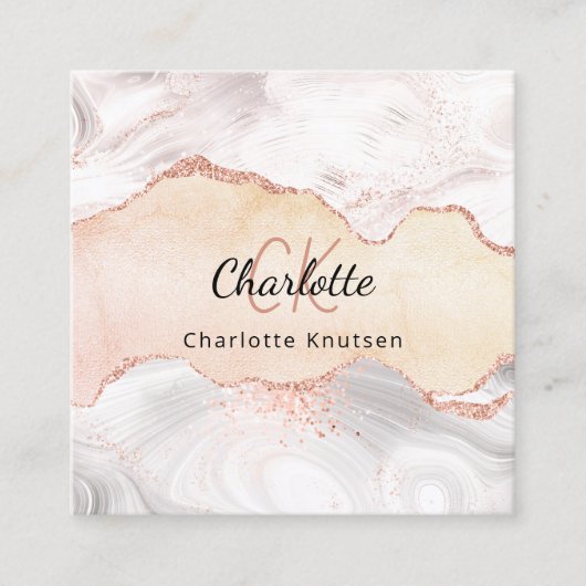 Carte De Visite Carré Marbre agate rose or monogramme QR code (Devant)