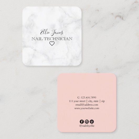 Carte De Visite Carré Marbre blanc et ongles roses bleus minimes (Devant / Derrière)