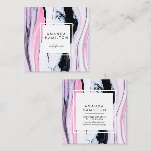 Carte De Visite Carré MARBRE BLANC noir élégant et moderne (Devant / Derrière)