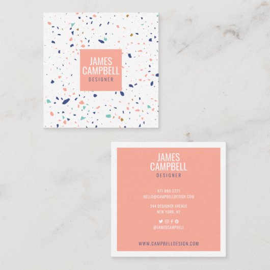 Carte De Visite Carré Marbre de terrazzo rose clair moderne motif abstra (Devant / Derrière)