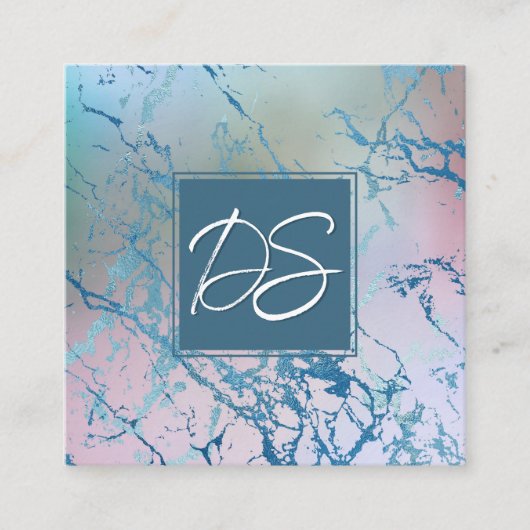 Carte De Visite Carré Marbre Iridescente | Monogramme tendance Faux Holo (Devant)
