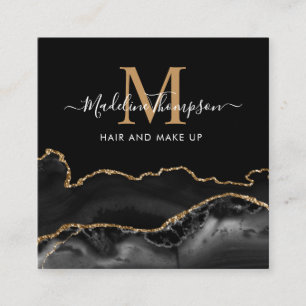 Carte De Visite Carré Marbre moderne Black Gold Photo QR Code Monogramme